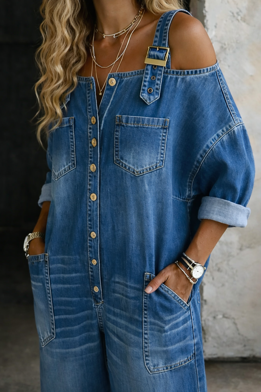 Valeria | Mono Denim Hombros Descubiertos